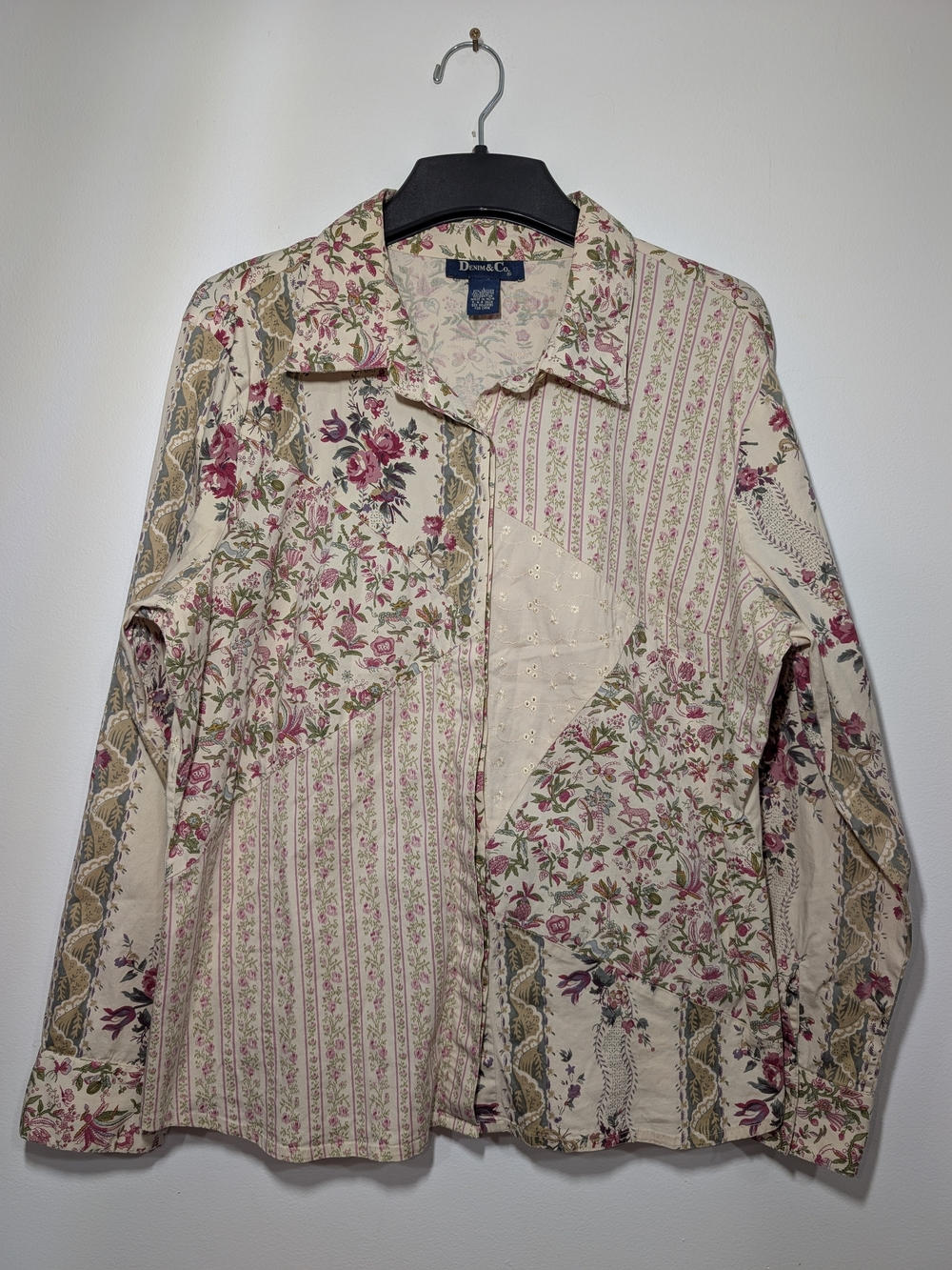 Denim&Co Patchwork Floral Cotton Stretch Blouse Cream & Pink Women's LG